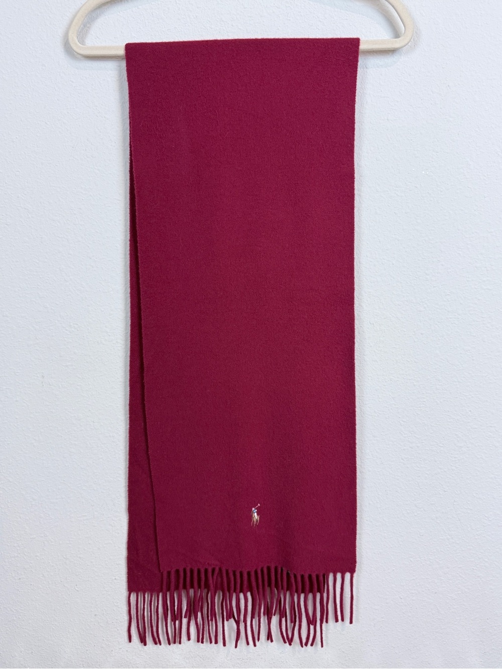 Vintage Polo Ralph Lauren Deep Burgundy Wool Fringe Scarf Flesh Pony 11.5x58